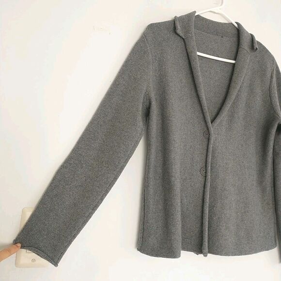 Eileen Fisher Sweater Blazer Cardigan Womens M Gray Cashmere Merino Wool Collare - Picture 3 of 6